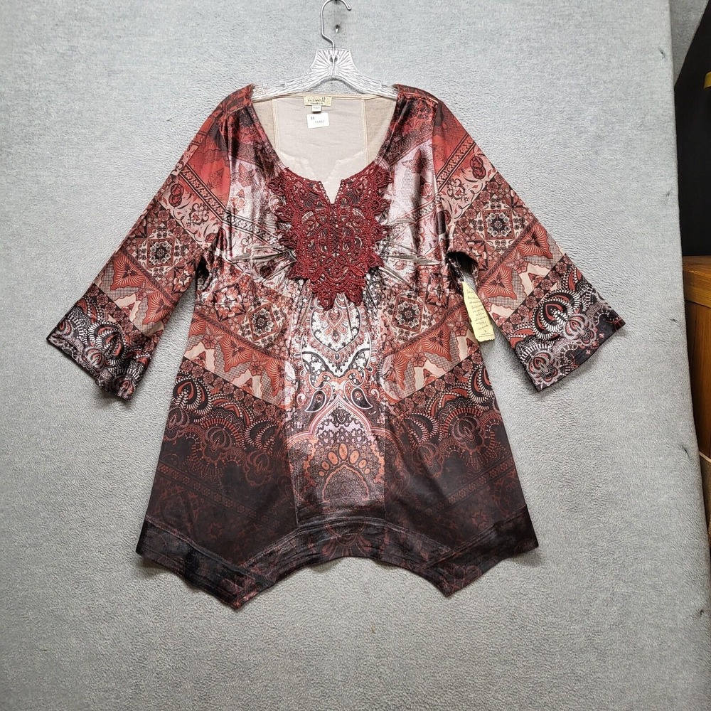 Oneworld Women Tunic L Red‎ Geometric Logo Bohemian 3/4 Sleeve Crochet